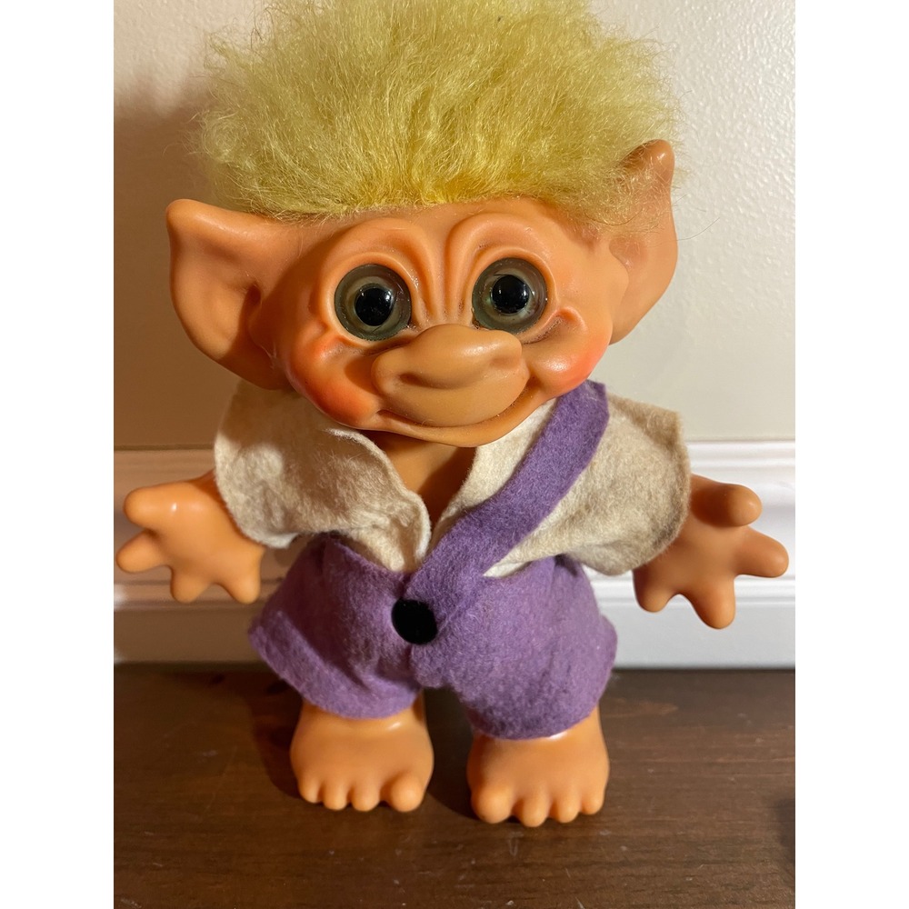 Vintage Troll Doll Yellow Hair Green Eyes Purple Overalls Collectible coin bank